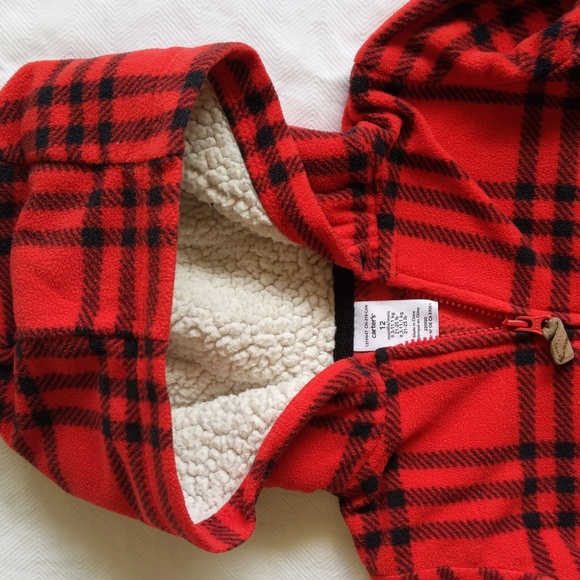 carter's red plaid fleece zip-up hoodie sweatshirt 12 months unisex baby - Picture 2 of 4